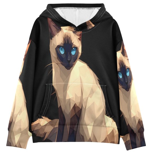 DIXRUYEE Cat Blue Black Print Hoodie Casual Pullover Sweatshirt With Kangaroo Pocket