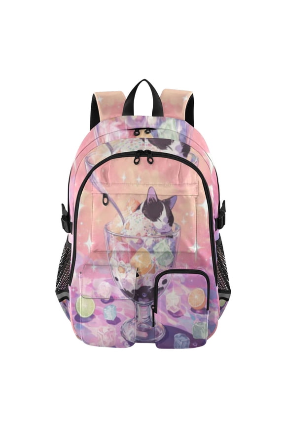 Cat Dessert Parfait Backpack for School 14Laptop Compatible with Reflective Safety Strips