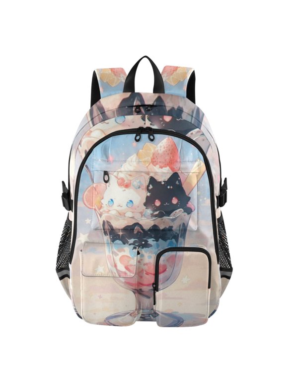 Cat Fruity Sundae Backpack for School 14Laptop Compatible with Reflective Safety Strips