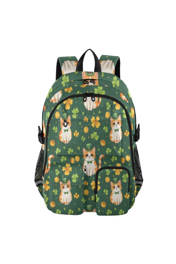 Cat and Clover Pattern Backpack for School 14Laptop Compatible with Reflective Safety Strips