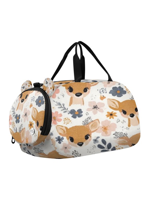 Cheerful Fawn Floral Pop Scale Duffel Bag With Ventilated Shoe Pocket & Adjustable Strap for Gym, Dance & Travel