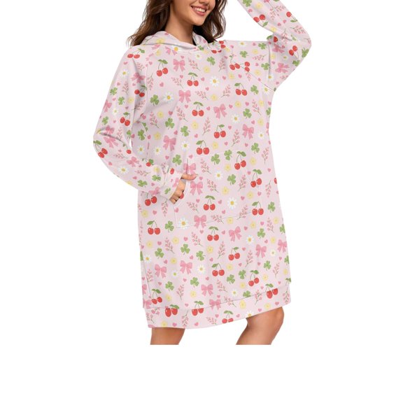 DIXRUYEE Cherry Bow Clover Pattern Print Womens Long Oversized Hoodie Dress Casual Pullover Hooded Sweatshirt Dress with Kangaroo Pocket Loose Streetwear Loungewear