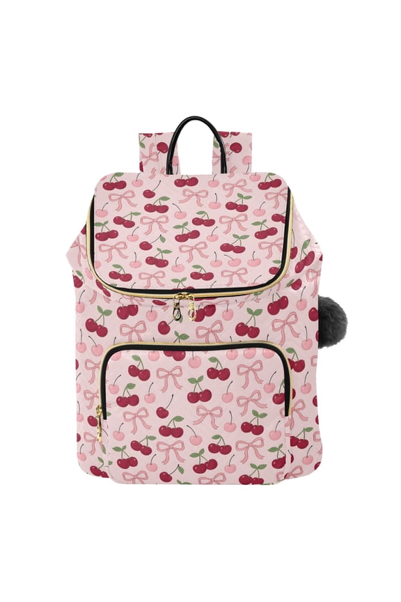 Cherry Bow Pattern Printed Quilted 14 Inch Laptop Backpack Multi-Pocket Lightweight Daypack with Pom Pom Charm