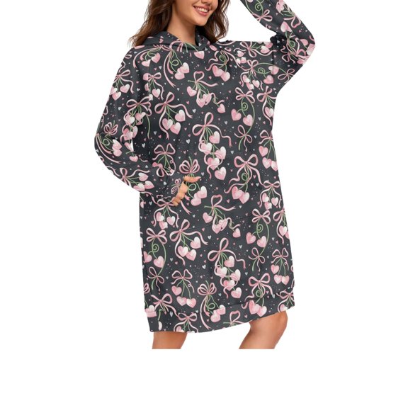 DIXRUYEE Cherry Bow Tie Print Womens Long Oversized Hoodie Dress Casual Pullover Hooded Sweatshirt Dress with Kangaroo Pocket Loose Streetwear Loungewear
