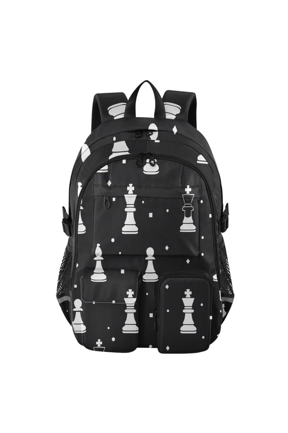 Chess Black and White Silhouette Stars Squares Pattern Backpack for School 14”Laptop Compatible with Reflective Safety Strips