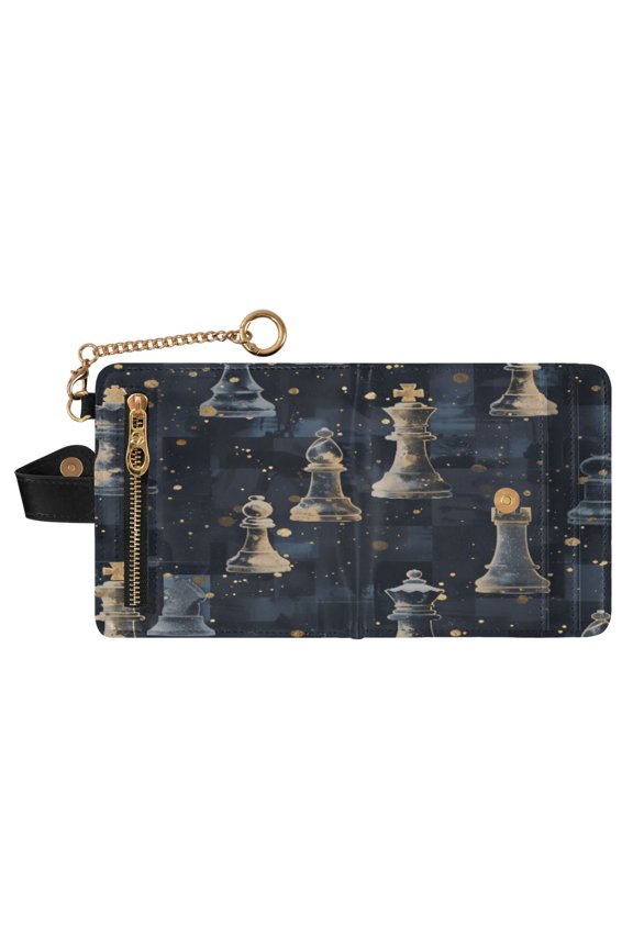 Chess Gold Powder Checkered Pattern Pattern Print RFID Blocking Womens PU Leather Wallet Small Foldable Card Holder Purse with Coin Zipper Pocket & Detachable Chain Wristlet
