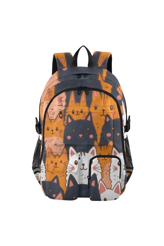 Chibi Cat Faces Pattern Backpack for School 14Laptop Compatible with Reflective Safety Strips