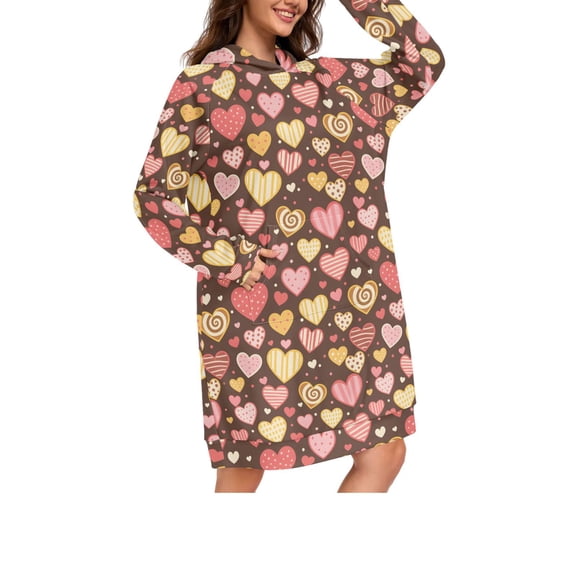 DIXRUYEE Chocolate-Colored Heart Pattern Print Womens Long Oversized Hoodie Dress Casual Pullover Hooded Sweatshirt Dress with Kangaroo Pocket Loose Streetwear Loungewear