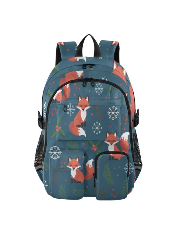 Christmas Fox Backpack for School 14”Laptop Compatible with Reflective Safety Strips