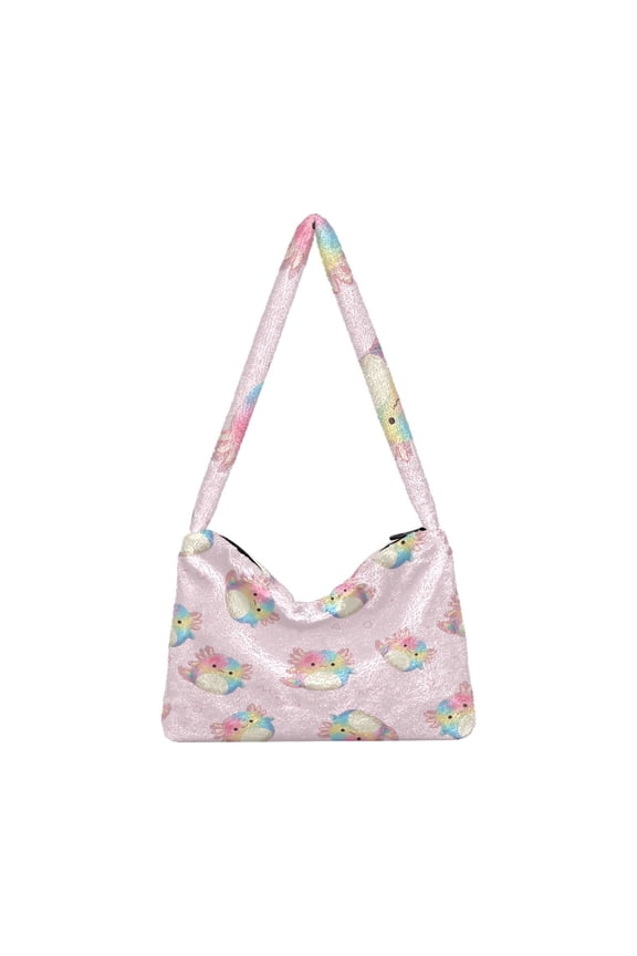 DIXRUYEE Colorful Axolotl Pattern Print Plush Shoulder Bag Soft Faux Fluffy Hobo Tote Bag With Zipper Closure Casual Lightweight Crossbody Handbag