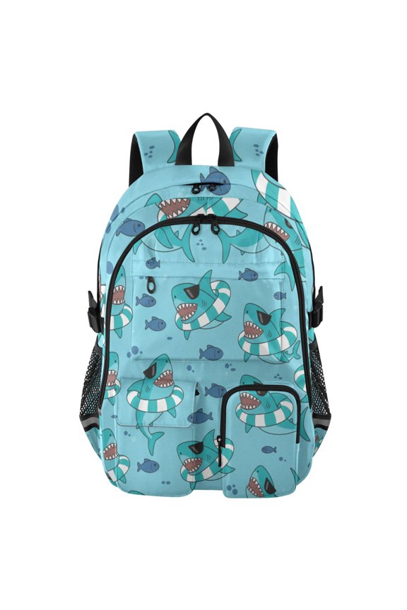 Colorful Fish Sea Ocean Blue Shark Backpack for School 14Laptop Compatible with Reflective Safety Strips