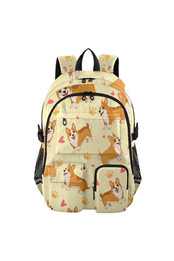 Corgi Crown Pattern Backpack for School 14Laptop Compatible with Reflective Safety Strips