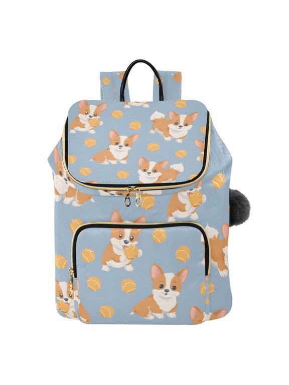 Corgi Dog Ball Pattern Printed Quilted 14 Inch Laptop Backpack Multi-Pocket Lightweight Daypack with Pom Pom Charm