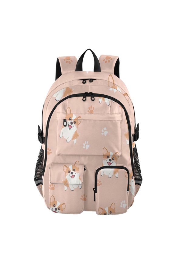 Corgi Dog Paw Prints Pattern Backpack for School 14Laptop Compatible with Reflective Safety Strips