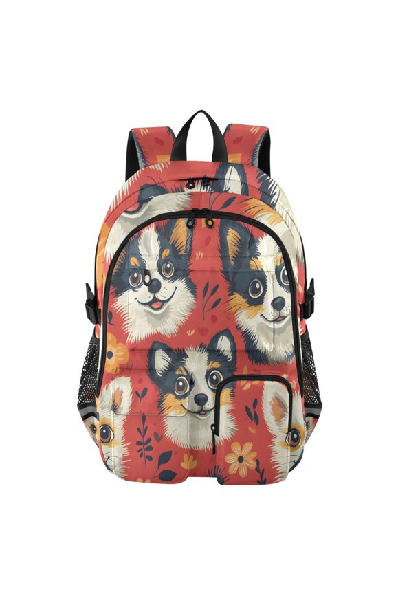 Corgi Face Floral Pattern Backpack for School 14Laptop Compatible with Reflective Safety Strips