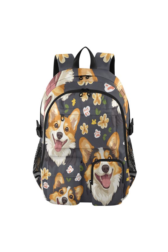 Corgi Flower Paw Pattern Backpack for School 14Laptop Compatible with Reflective Safety Strips