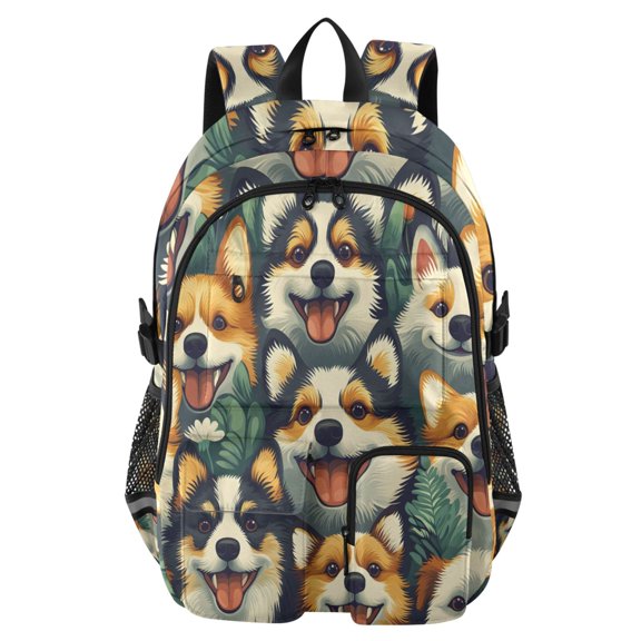 DIXRUYEE Corgi Grin Pattern Backpack for School 14Laptop Compatible with Reflective Safety Strips