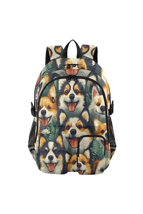 Corgi Grin Pattern Backpack for School 14Laptop Compatible with Reflective Safety Strips