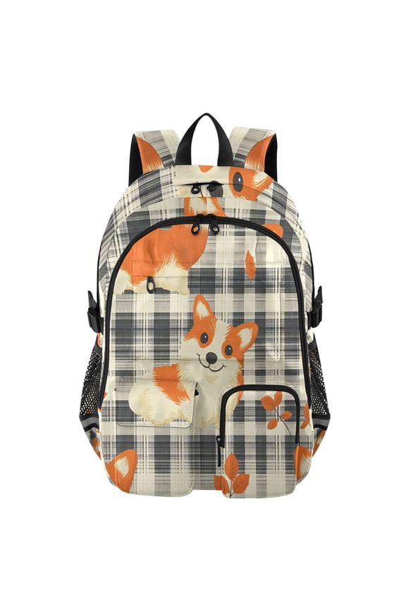 Corgi Plaid Leaves Pattern Backpack for School 14Laptop Compatible with Reflective Safety Strips