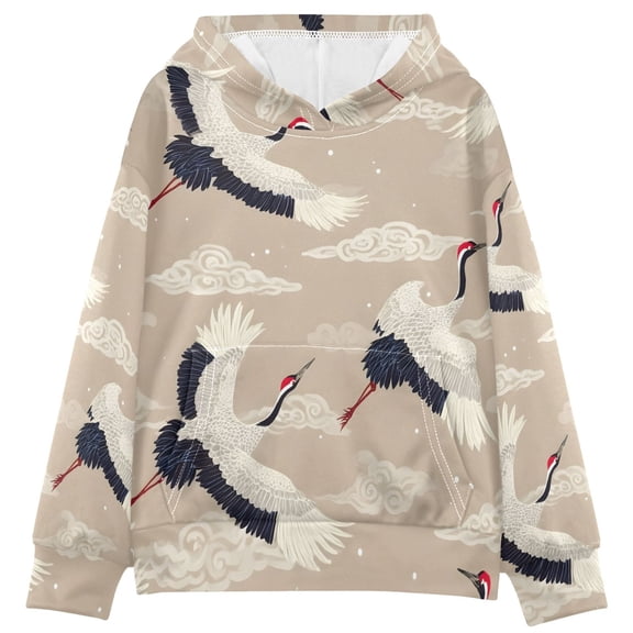 DIXRUYEE Crane Pattern Print Hoodie Casual Pullover Sweatshirt With Kangaroo Pocket