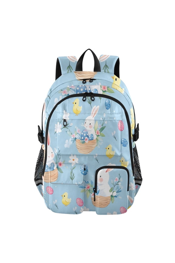 Cute Bunny Easter Egg Pattern Backpack for School 14”Laptop Compatible with Reflective Safety Strips