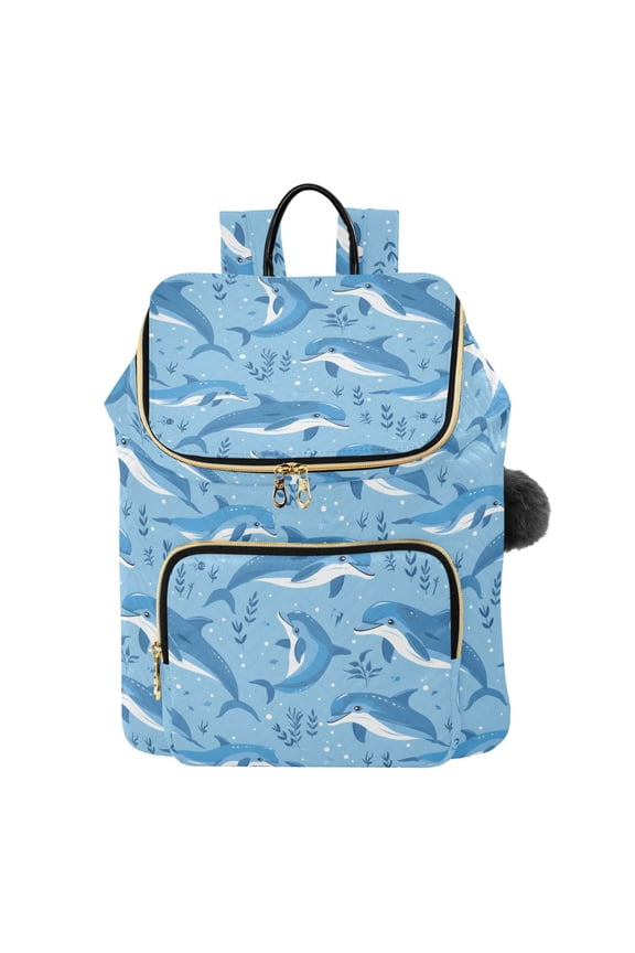 Cute Dolphins Marine Life Pattern Repeat 2d Vector Morecomplextile Printed Quilted 14 Inch Laptop Backpack Multi-Pocket Lightweight Daypack with Pom Pom Charm