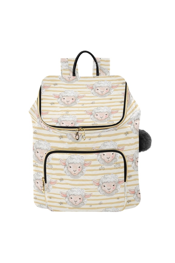 Cute Lamb Hand-painted Smiling Face Printed Quilted 14 Inch Laptop Backpack Multi-Pocket Lightweight Daypack with Pom Pom Charm