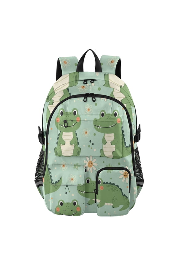 Cute Little Daisy Cartoon Crocodile Backpack for School 14Laptop Compatible with Reflective Safety Strips