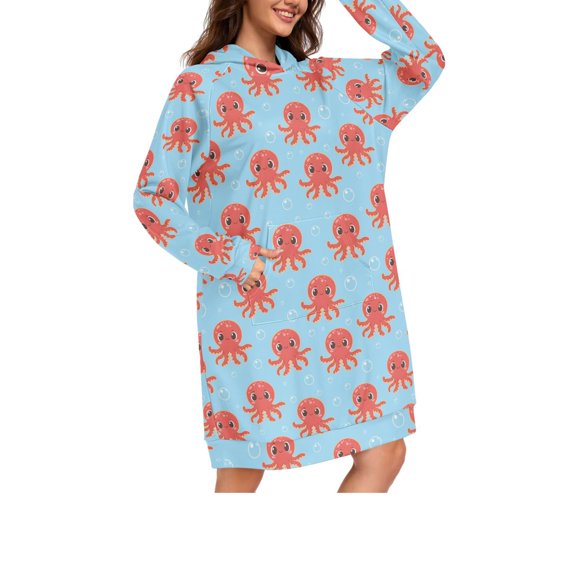 DIXRUYEE Cute Octopus Pattern Print Womens Long Oversized Hoodie Dress Casual Pullover Hooded Sweatshirt Dress with Kangaroo Pocket Loose Streetwear Loungewear