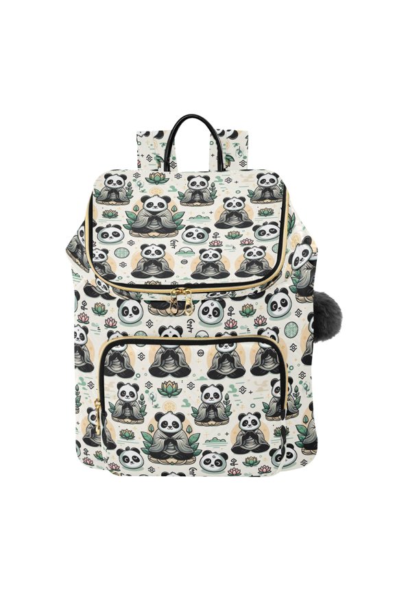 Cute Panda Guru Printed Quilted 14 Inch Laptop Backpack Multi-Pocket Lightweight Daypack with Pom Pom Charm