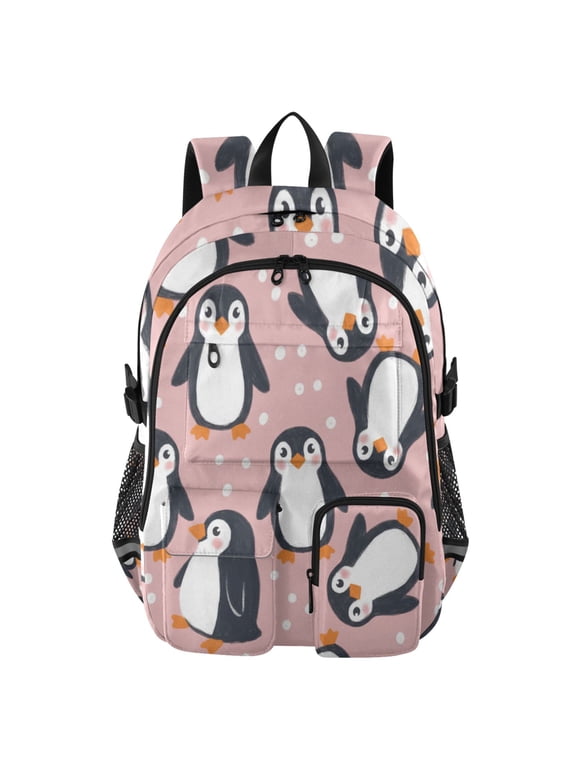 Cute Penguins White Backpack for School 14Laptop Compatible with Reflective Safety Strips