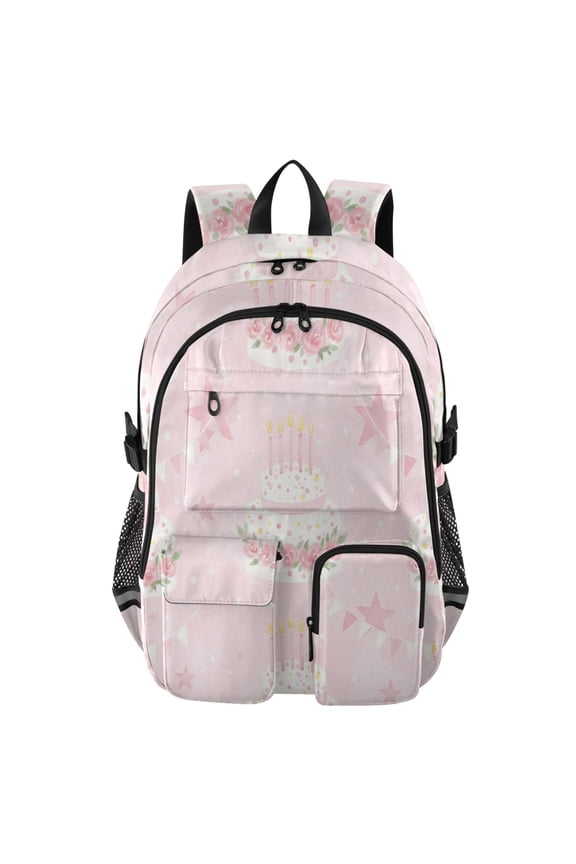 Cute Pink Birthday Cake Backpack for School 14”Laptop Compatible with Reflective Safety Strips