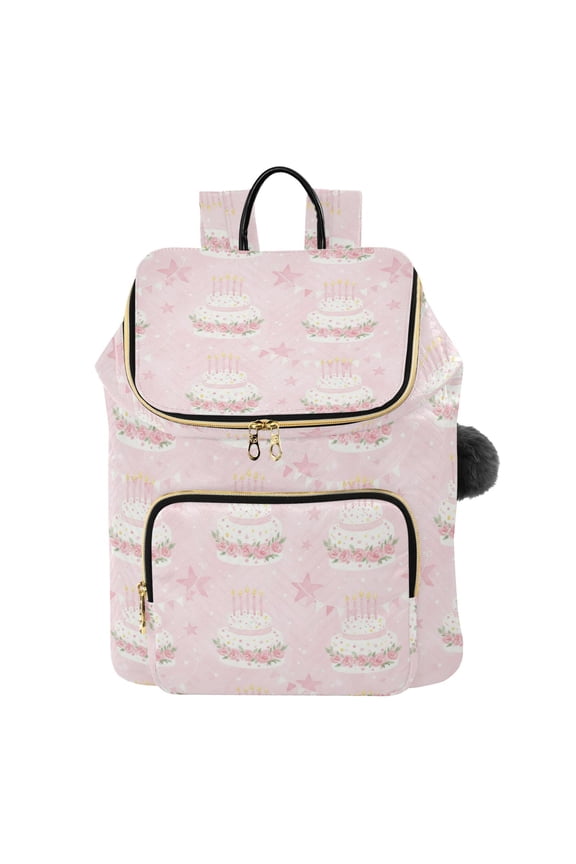 Cute Pink Birthday Cake Printed Quilted 14 Inch Laptop Backpack Multi-Pocket Lightweight Daypack with Pom Pom Charm