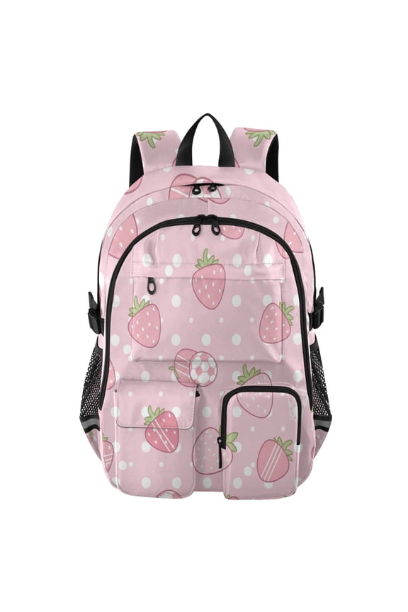 Cute Pink Strawberry Fruit Backpack for School 14Laptop Compatible with Reflective Safety Strips