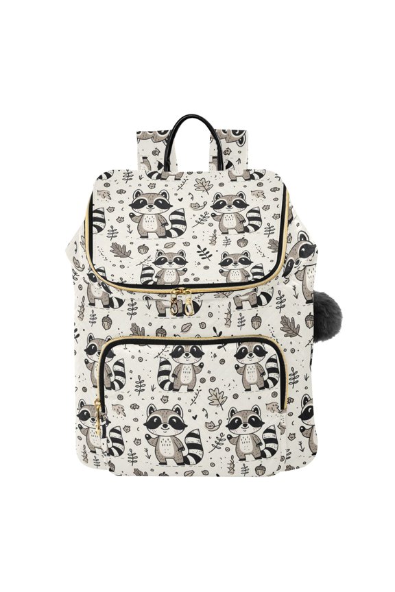 Cute Raccoon in Doodle Style. Animals Background for Invitation Poster Card Flyer Textile Fabric Printed Quilted 14 Inch Laptop Backpack Multi-Pocket Lightweight Daypack with Pom Pom Charm
