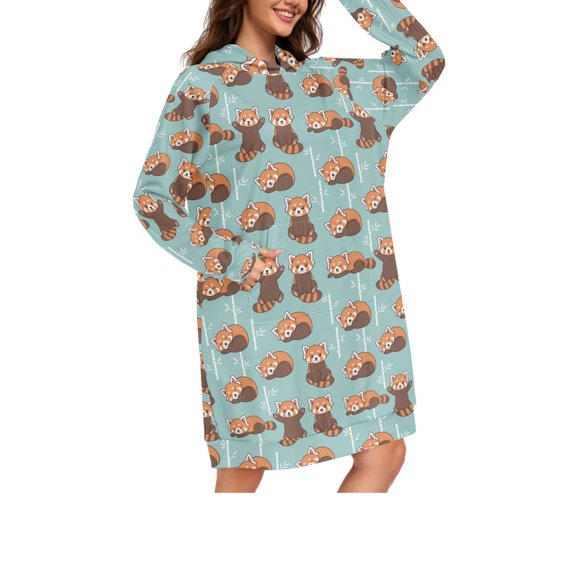 DIXRUYEE Cute Red Panda Print Womens Long Oversized Hoodie Dress Casual Pullover Hooded Sweatshirt Dress with Kangaroo Pocket Loose Streetwear Loungewear