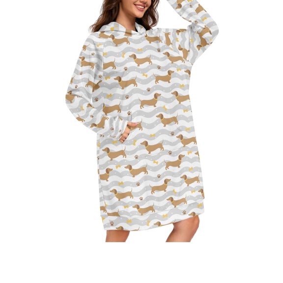 DIXRUYEE Dachshund Bow Print Womens Long Oversized Hoodie Dress Casual Pullover Hooded Sweatshirt Dress with Kangaroo Pocket Loose Streetwear Loungewear