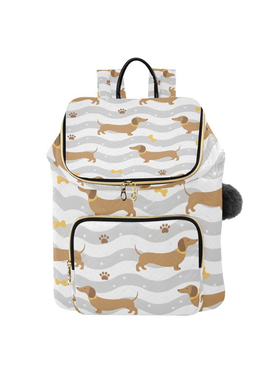 Dachshund Bow Printed Quilted 14 Inch Laptop Backpack Multi-Pocket Lightweight Daypack with Pom Pom Charm