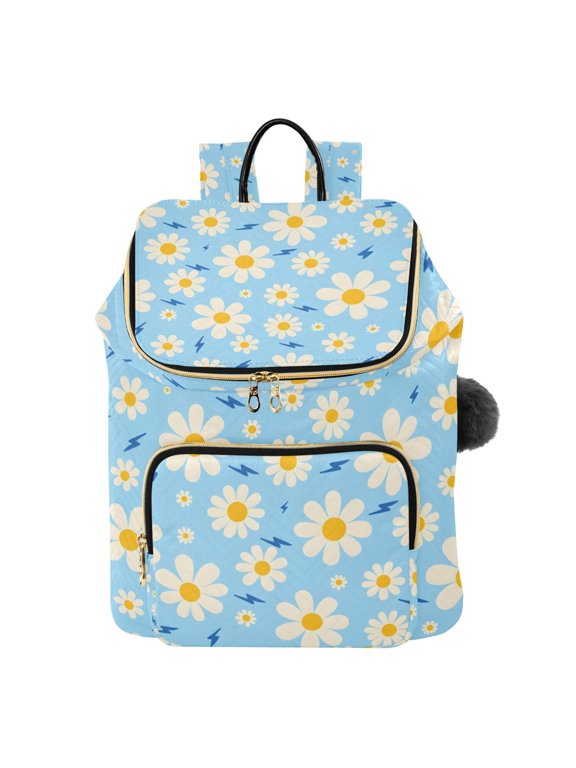 Daisy Lightning Pattern Printed Quilted 14 Inch Laptop Backpack Multi-Pocket Lightweight Daypack with Pom Pom Charm
