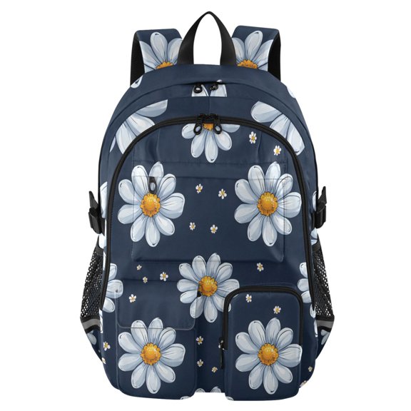 DIXRUYEE Daisy Navy Pattern Backpack for School 14”Laptop Compatible with Reflective Safety Strips