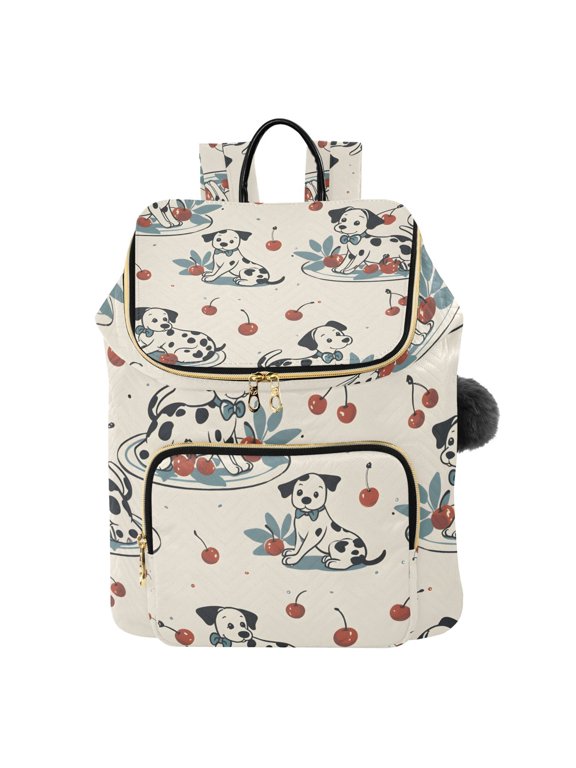 Dalmatian Cherry Plate Pattern Printed Quilted 14 Inch Laptop Backpack Multi-Pocket Lightweight Daypack with Pom Pom Charm