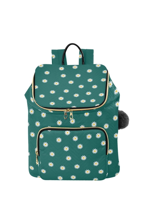 Dark Green Daisy Pattern Printed Quilted 14 Inch Laptop Backpack Multi-Pocket Lightweight Daypack with Pom Pom Charm