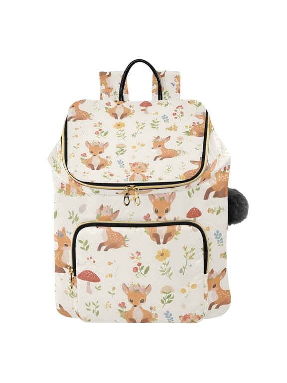 Deer Fox Leave Pattern Printed Quilted 14 Inch Laptop Backpack Multi-Pocket Lightweight Daypack with Pom Pom Charm