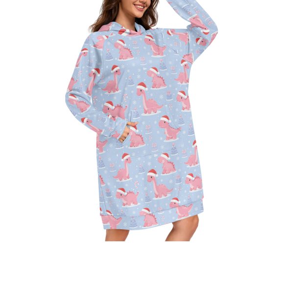 DIXRUYEE Dinosaur Christmas Pattern Print Womens Long Oversized Hoodie Dress Casual Pullover Hooded Sweatshirt Dress with Kangaroo Pocket Loose Streetwear Loungewear