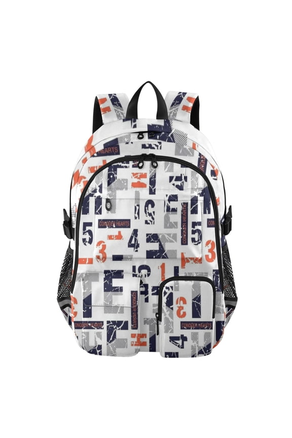 Distressed Typo Backpack for School 14Laptop Compatible with Reflective Safety Strips