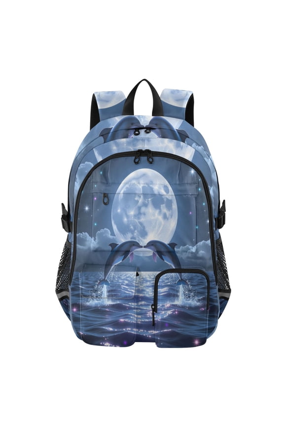 Dolphin Moon Backpack for School 14Laptop Compatible with Reflective Safety Strips