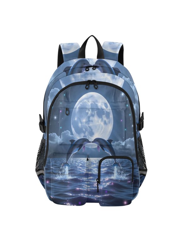 Dolphin Moon Backpack for School 14”Laptop Compatible with Reflective Safety Strips