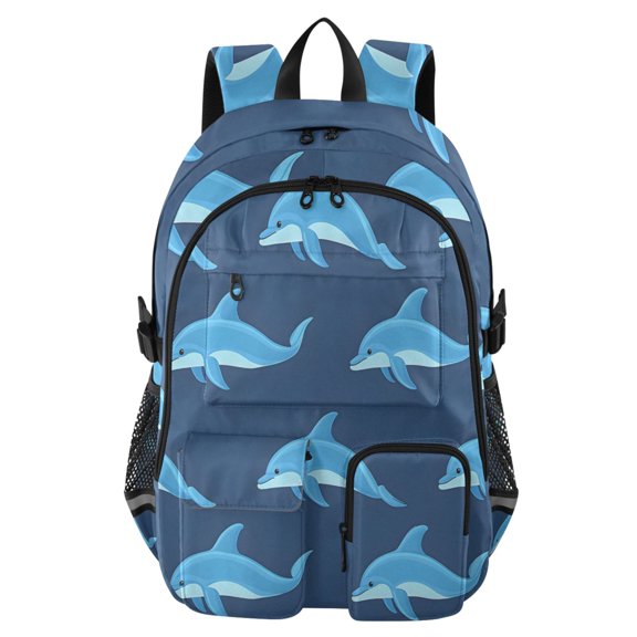 DIXRUYEE Dolphin Navy Pattern Backpack for School 14”Laptop Compatible with Reflective Safety Strips