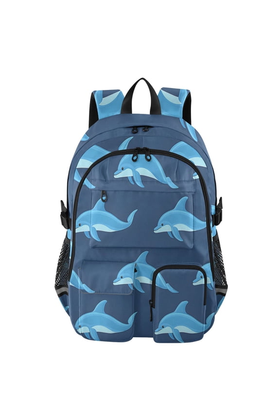 Dolphin Navy Pattern Backpack for School 14Laptop Compatible with Reflective Safety Strips