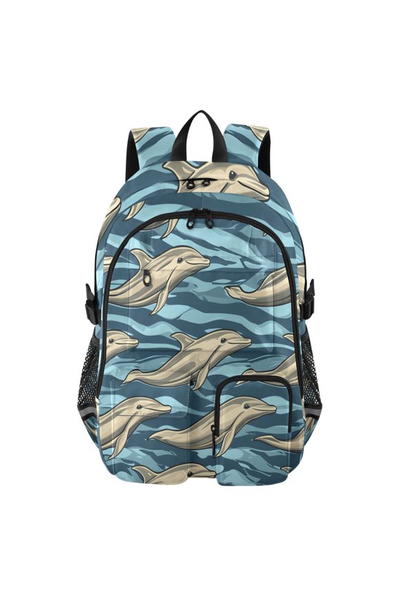 Dolphin Ocean Wave Pattern Backpack for School 14Laptop Compatible with Reflective Safety Strips